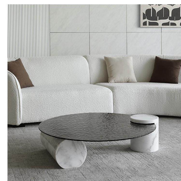 意式极简水波纹钢化玻璃圆形茶几客厅家用轻奢现代不锈钢岩板圆几