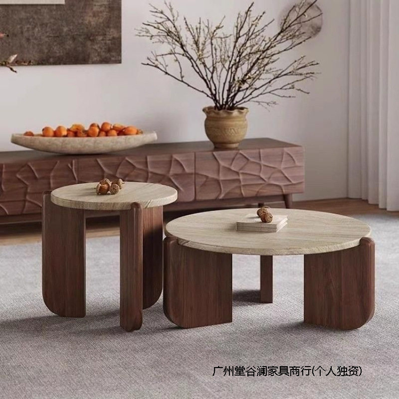 实木洞石茶几极简简小茶小户型客厅家用圆形阳台大理石咖啡矮桌