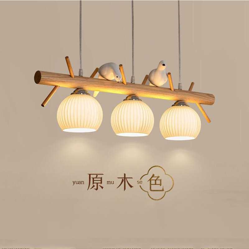 北欧餐厅吊灯三头原木风个性饭厅灯简约现日式田园小鸟餐桌灯具