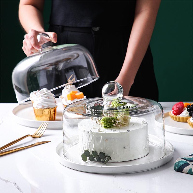 7YX蛋糕水果试吃陶瓷盘带无铅玻璃盖子防尘家用甜品面包托盘