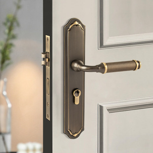 轻奢纯门把手黄铜法式 门锁木门锁室内滚花静音房门锁欧式 美式