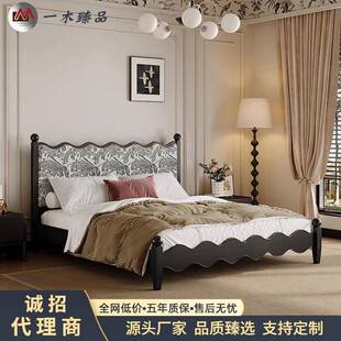 法式复古实木床别墅黑色提花布艺软包双人床美式轻奢涟漪大床原木