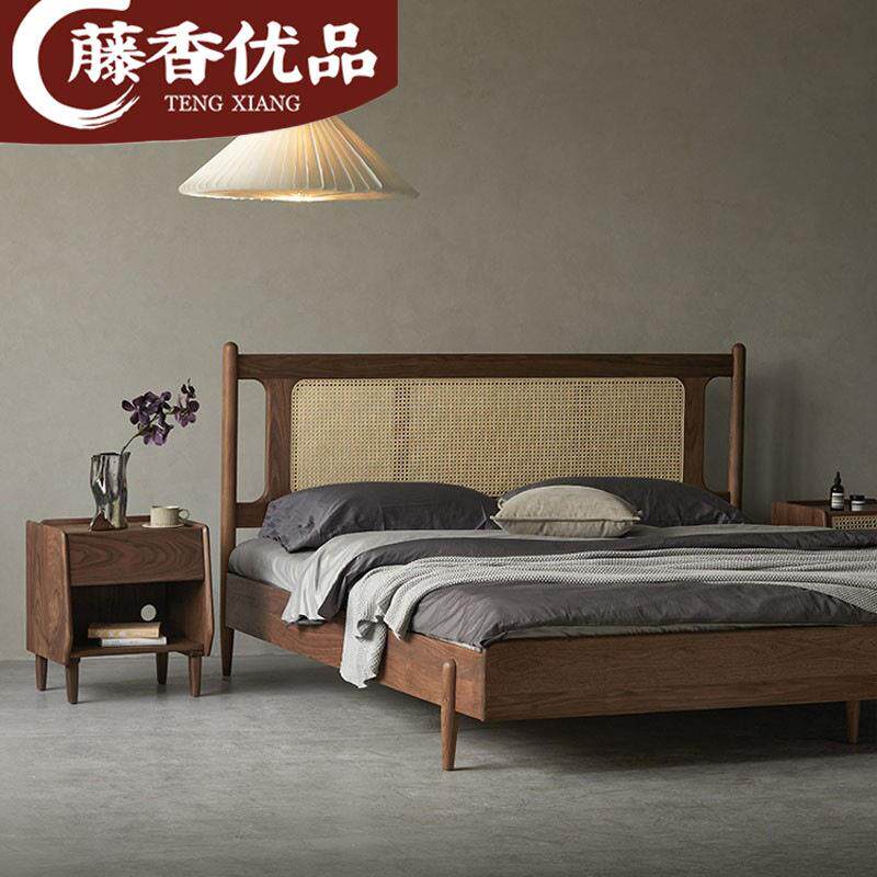 北欧全实木床新中式简约藤编床复古1.8米双人床主卧民宿1.5米藤床