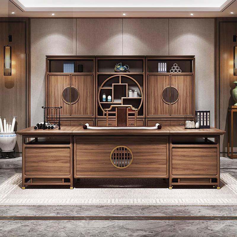新中式高档乌金木老板桌办公桌董事长全实木大班台办公室组合家具
