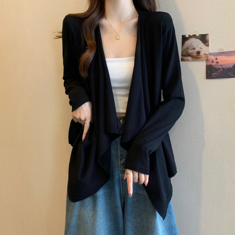 速发大码黑领针织开衫早秋慵懒袖胖妹妹宽松中长款v色长风上衣外