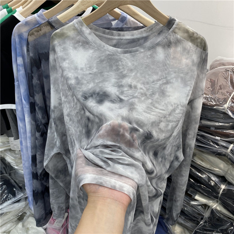 速发欧货薄款水墨画网纱长袖T恤空款罩衫上衣20调2春新2宽松防晒