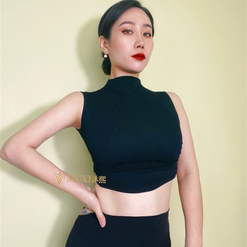 速发沐功家肚皮舞上衣小立领棉袖款纯无百搭高弹练熙服纯欲风
