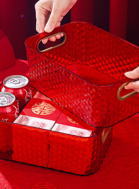 速发结婚红色喜物收纳盒透储方陪嫁箱婚庆杂字箱子明物盒手提收纳