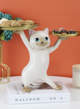 妖娆猫招财猫托举客厅玄关入户入门口放钥匙的收纳托盘装饰品摆件