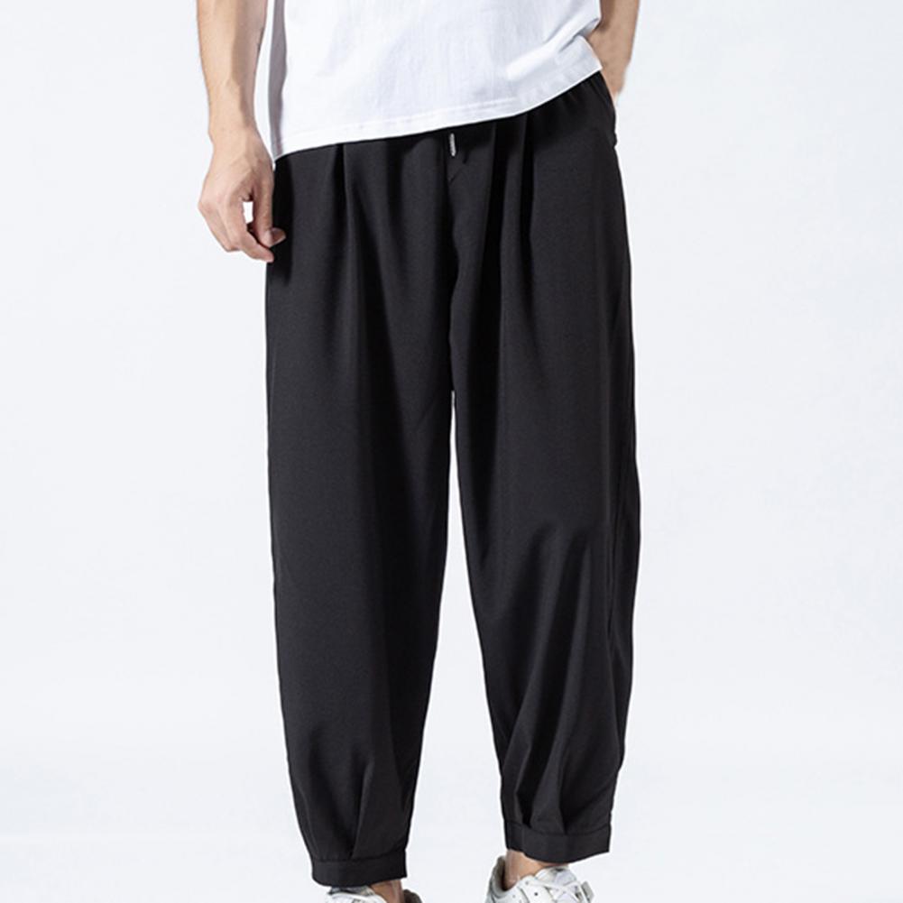 Solid Color Men Pants Elastic Waist Ankle-length Oversize Pa