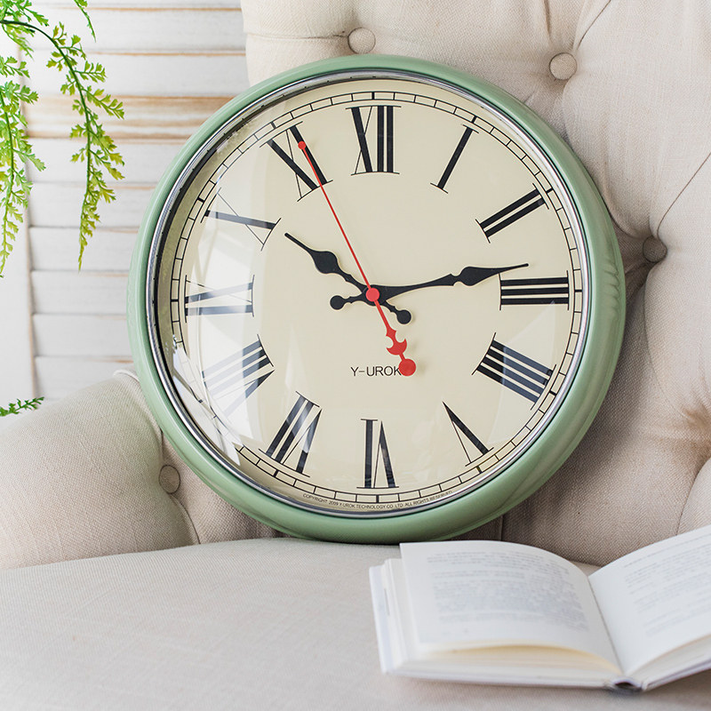 赫本家现代美式客厅静音石英挂钟挂表简约卧室钟表绿色时钟壁钟