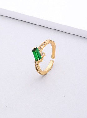 铜镶彩色单排锆石金色开口戒指女韩版ins可调节饰品戒指戒子手饰