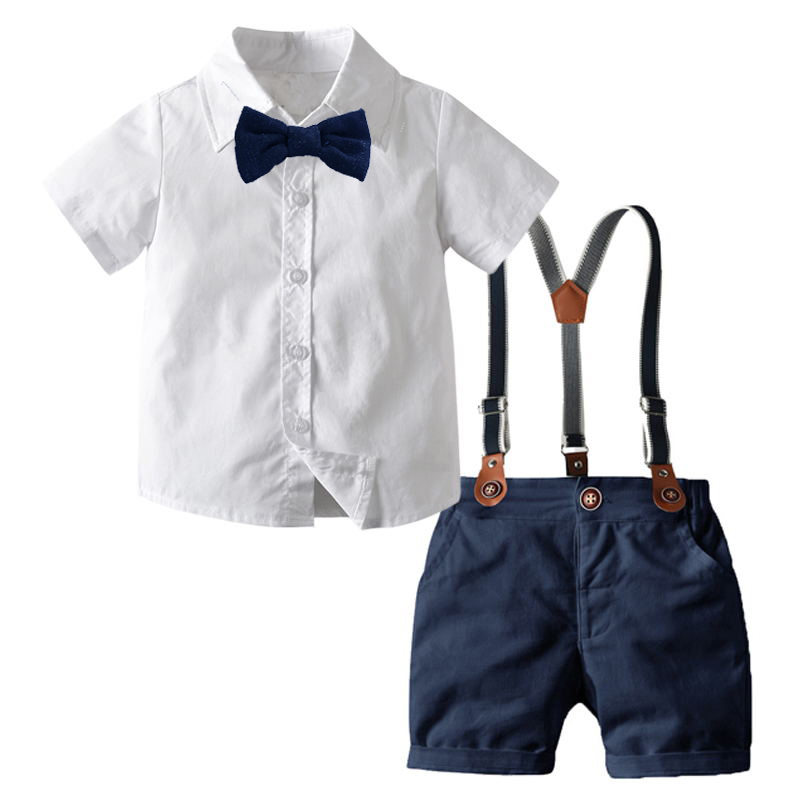 Boy Bow Gentleman Clothes White Shirt + Navy Shorts with