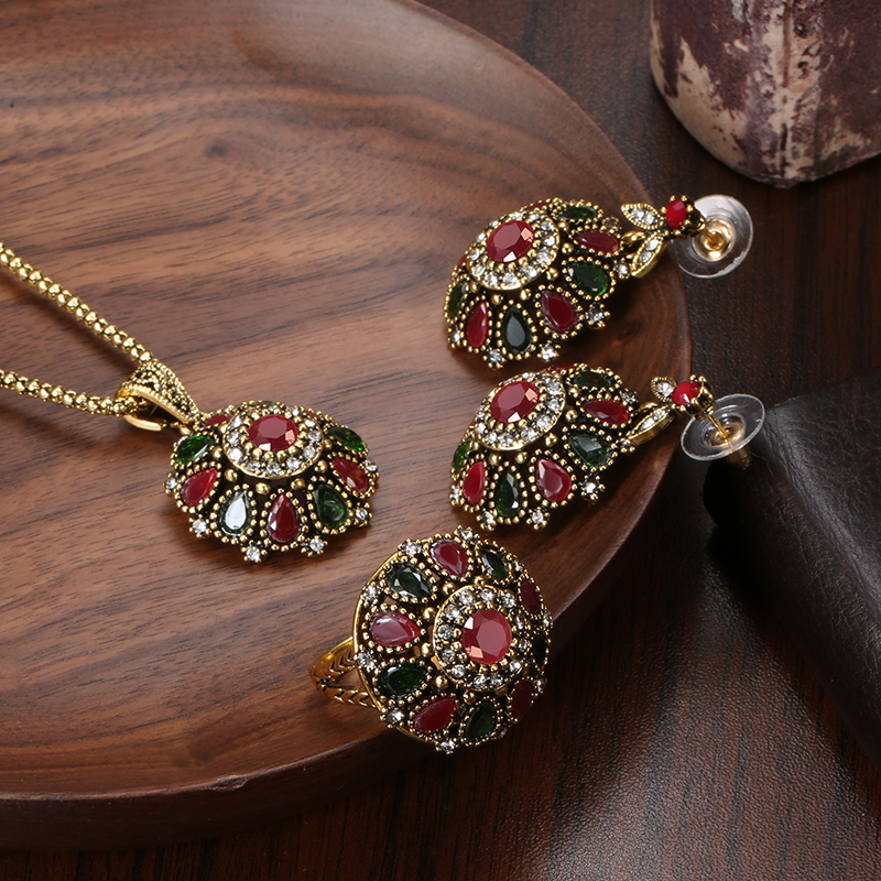 推荐New Boho Colorful Crystal Jewelry Sets Ancient Gold Colo