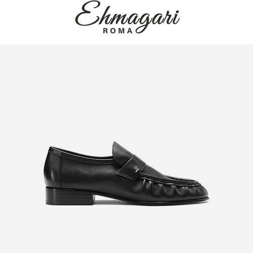EHMAGARI Olim 意大利设计师款黑色经典一脚蹬舒适褶面牛皮乐福鞋