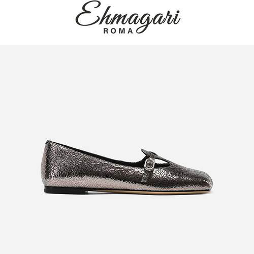 EHMAGARI Mire 意大利设计师款枪色羊皮爆裂纹斜方头女真皮单鞋