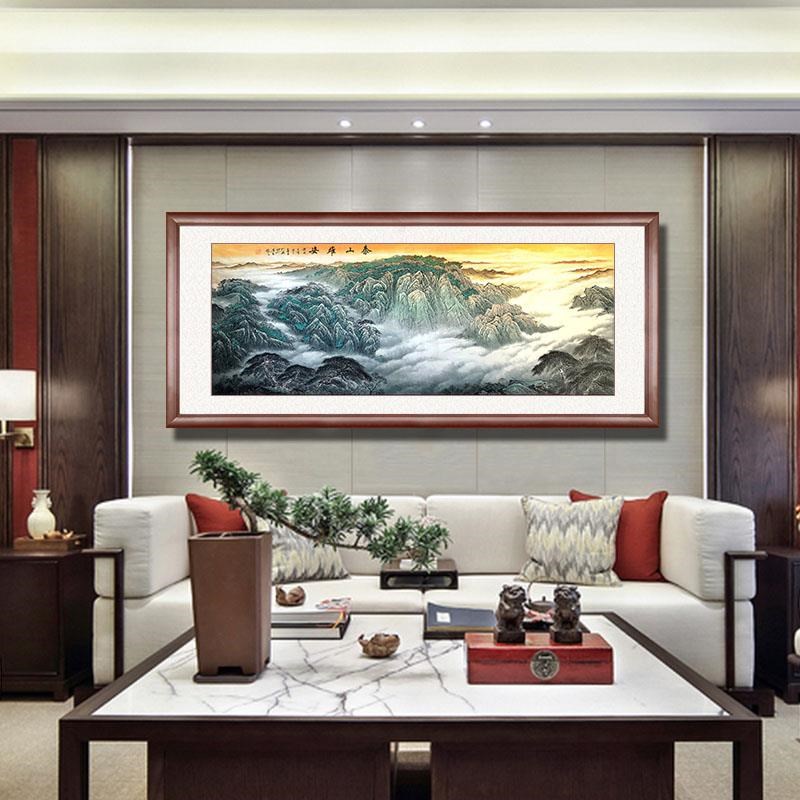网红水界家居山饰公纯手国水山雄绘姿客厅办泰室无靠山图装挂