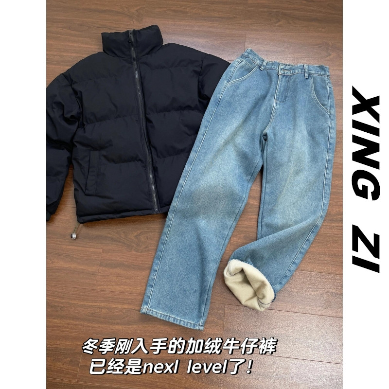 冬季加绒牛仔裤男直筒九分裤港风复古潮流百搭显瘦显高保暖休闲裤