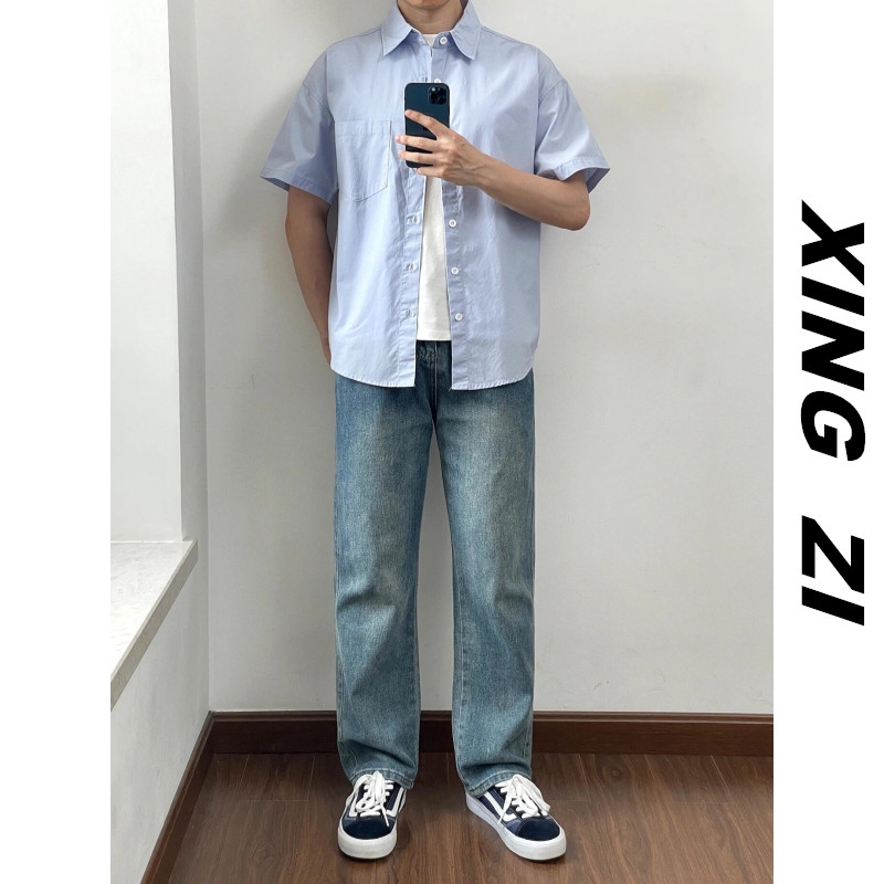 港风复古牛仔裤男直筒宽松九分裤