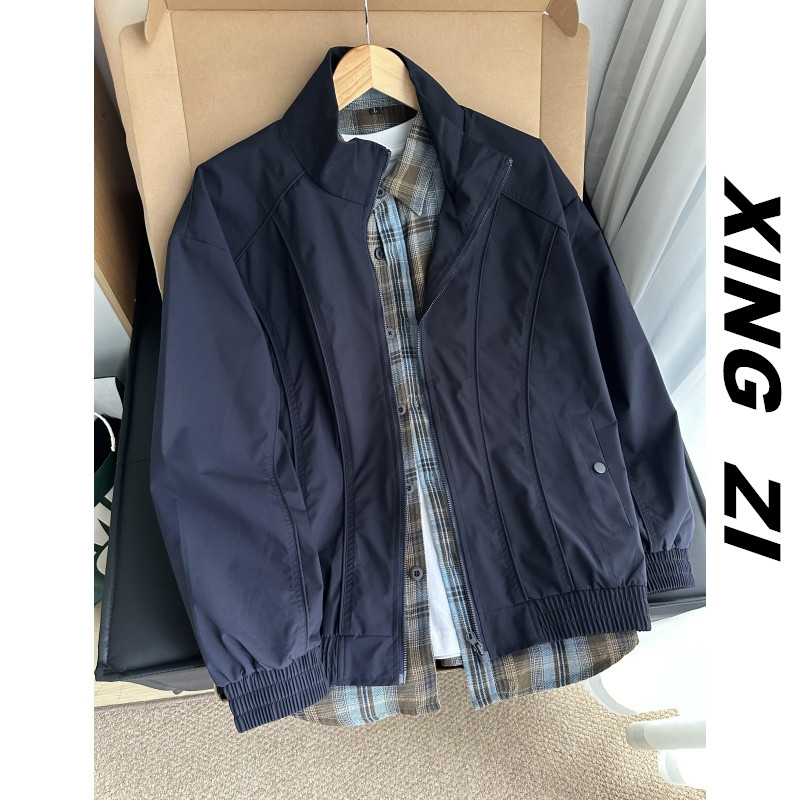 秋冬季美式休闲夹克男款潮流宽松时尚百搭气质高级感立领拼接外套