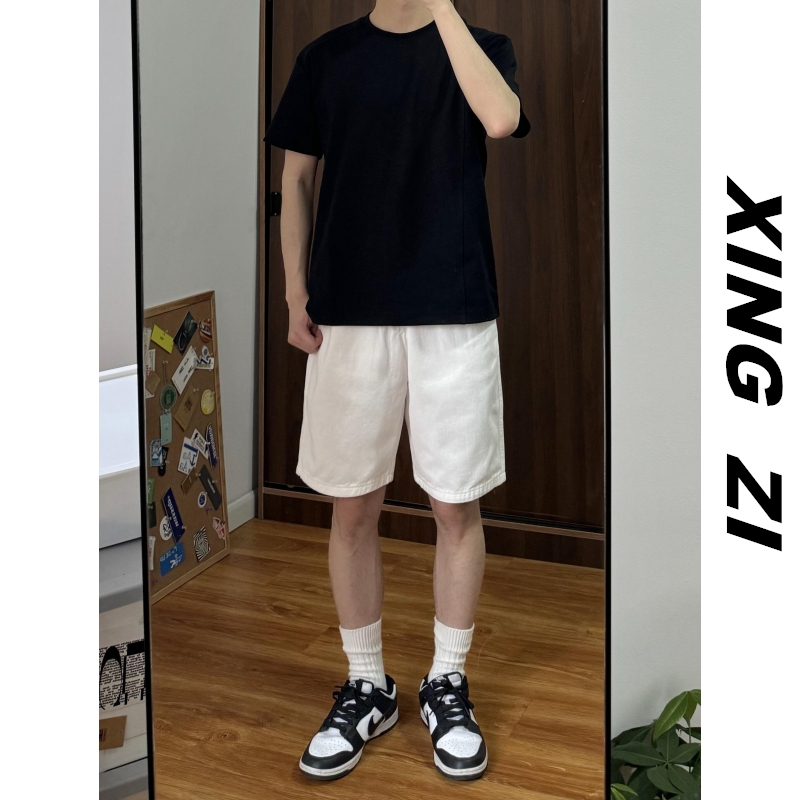 夏季牛仔短裤男款直筒宽松美式复古高街潮牌经典休闲白色五分裤男