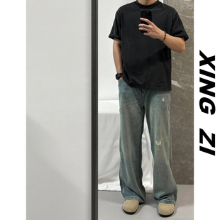 夏季直筒宽松破洞牛仔裤男美式休闲复古百搭潮牌高品质阔腿裤长裤