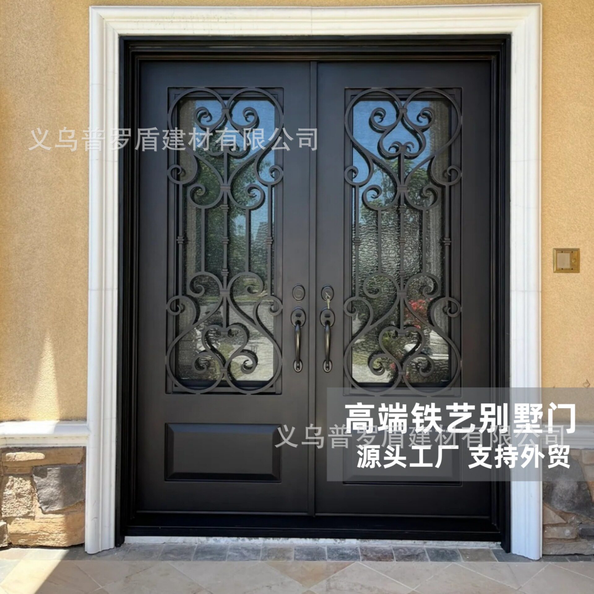 欧式复古拱形铁艺玻璃双开大门