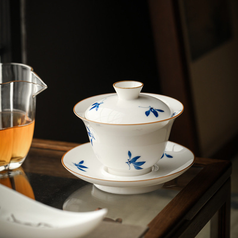 白瓷手绘兰花盖碗单个茶杯三才泡茶碗陶瓷不烫手功夫泡茶器敬茶碗