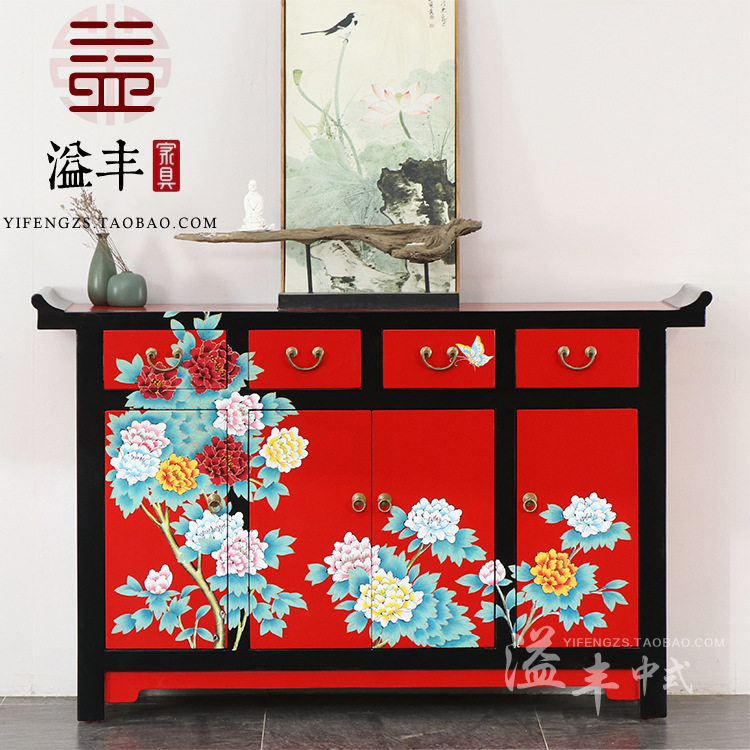 新中式入户玄关柜隔断柜门厅柜 彩绘牡丹装饰储物古典翘头餐边柜