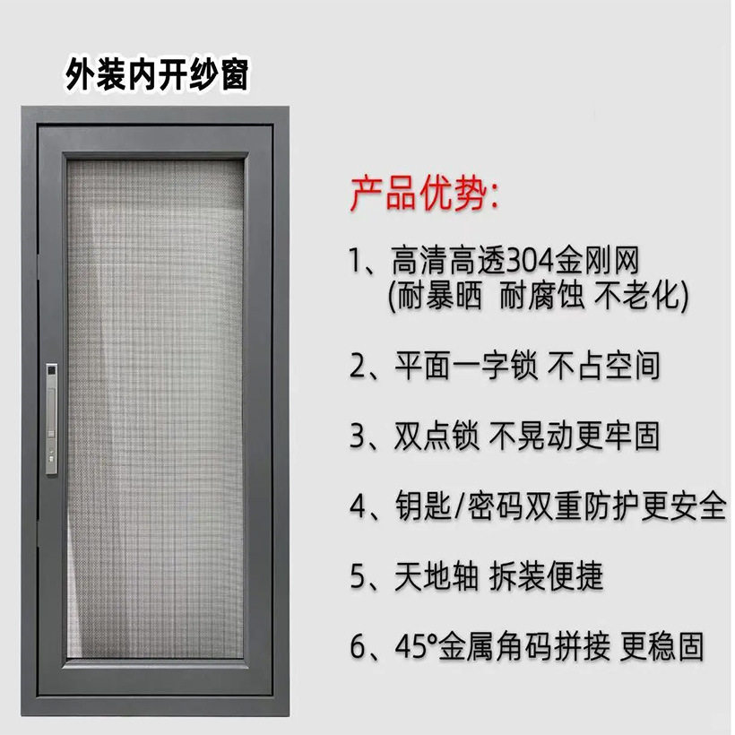 跨境内开窗外开窗推拉窗高清金钢网高采光防蚊虫防坠落安全纱窗