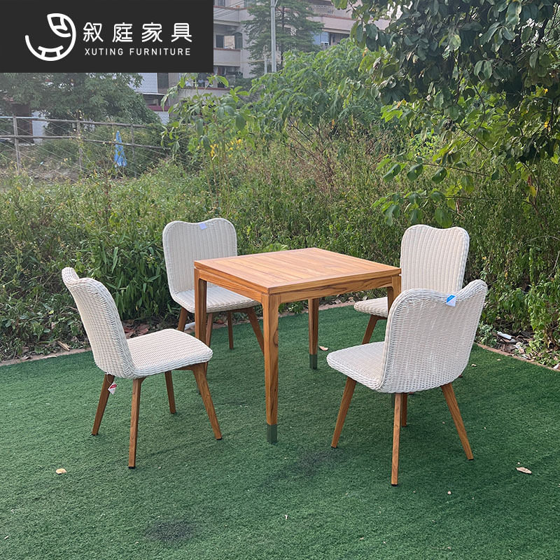 户外实木餐桌椅原木风阳台小茶几柚木圆桌长桌靠背简约藤编餐椅子