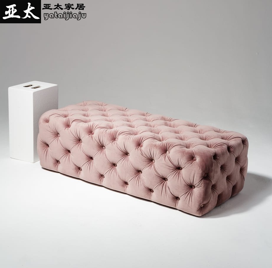 美式丝绒粉沙发换鞋凳