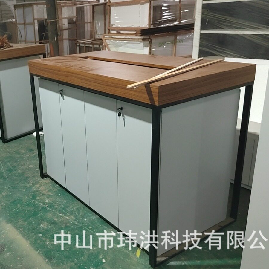 台湾卖场木纹收银中岛台 国外展示柜 高端胡桃木纹展示台定制尺寸