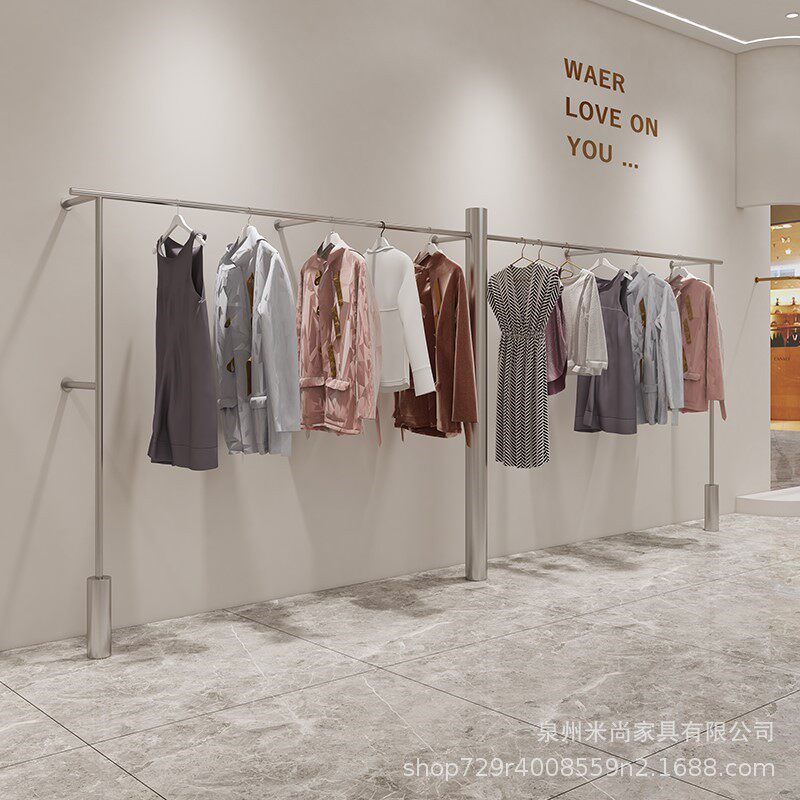 不锈钢银色男女服装专用上墙架大圆管圆柱墙面展示架买手店挂衣杆