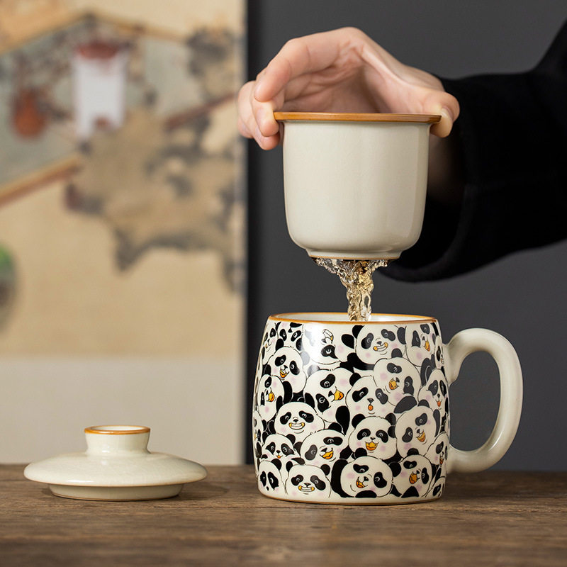 汝窑萌熊云集茶水分离泡茶杯陶瓷马克杯带盖过滤家用办公室水杯子