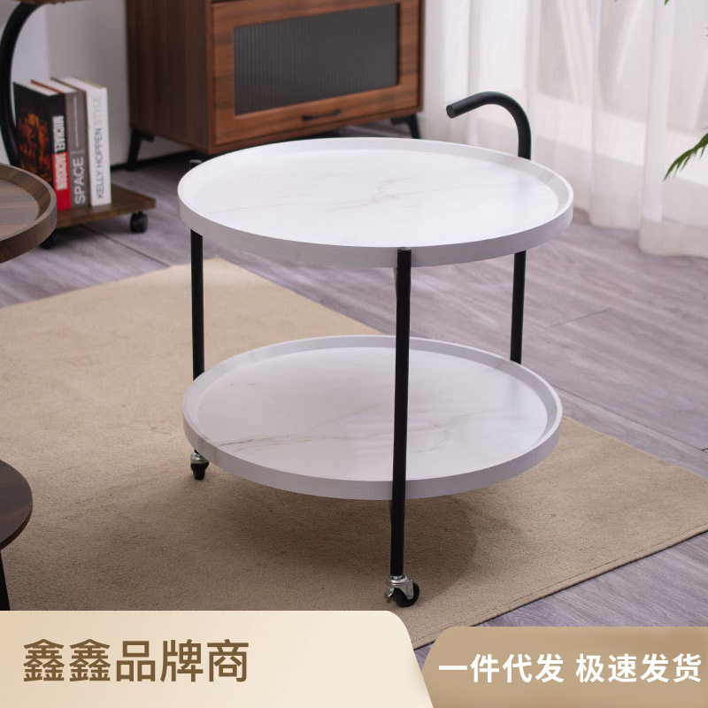 现代简约木质带滑轮可移动茶几客厅沙发边几角几家用双层收纳茶几