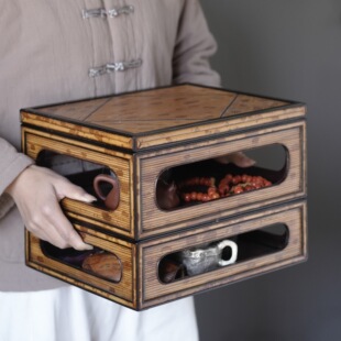 湘妃竹双层食盒托盘 茶棚茶架 茶具收纳箱