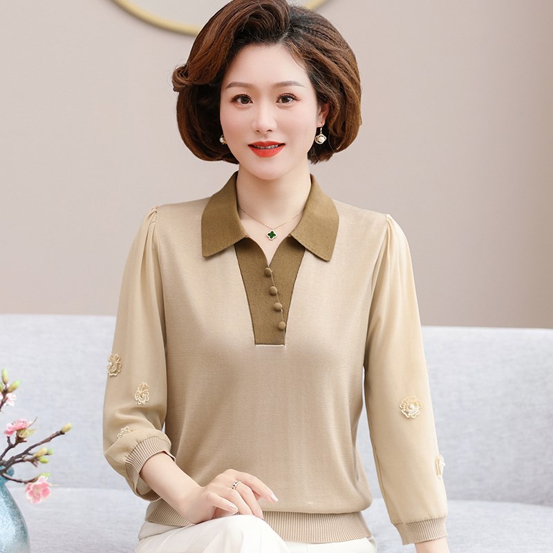 妈妈款洋气翻领T恤 中年女春夏装七分袖上衣中老年人中袖小衫套装