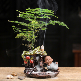 现货厚德载物倒流香炉创意小和尚陶瓷家居摆件家用紫砂檀香沉香熏