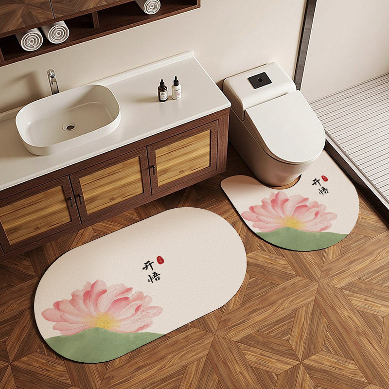 新中式国风荷花卫生间马桶u形地垫莲花浴室地毯厕所吸水速干脚垫,居家布艺,家用脚垫,淘宝优惠券,粉丝福利购,淘宝优惠卷