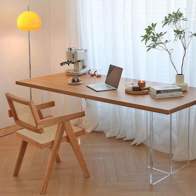 亚克力悬浮书桌家用实木电脑桌办公桌日式原木风客厅餐桌全实木