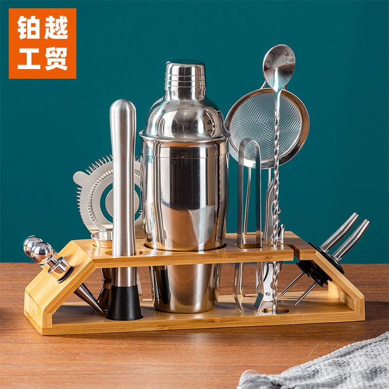 不锈钢调酒器套装酒吧入门鸡尾酒雪克壶摇酒杯调酒工具配木制底座