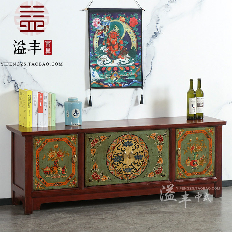 新中式彩绘描花电视机柜松木实木客厅视听柜做旧地柜储物柜装饰柜