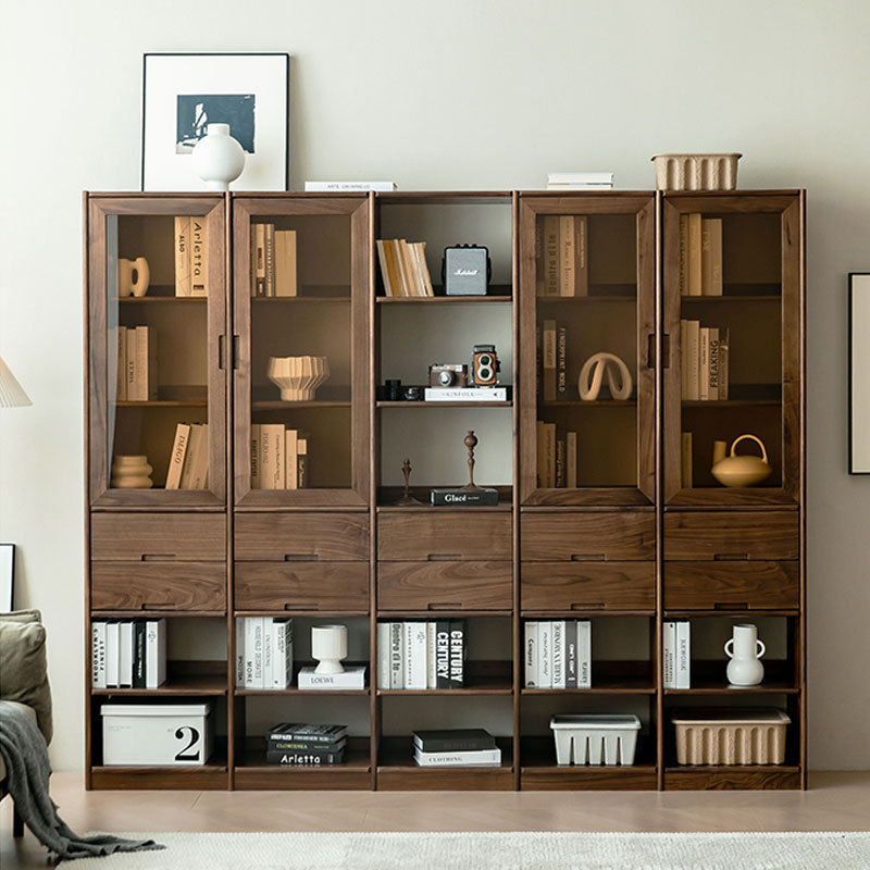 北欧全实木黑胡桃木书架现代简约复古日式原木樱桃木落地满墙书柜