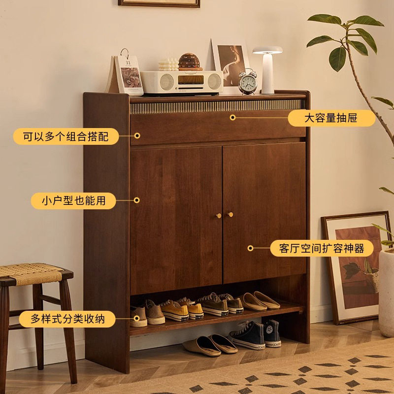 黑色实木鞋柜玄关储物柜小户型入户收纳柜带抽抽屉现代简约柜子