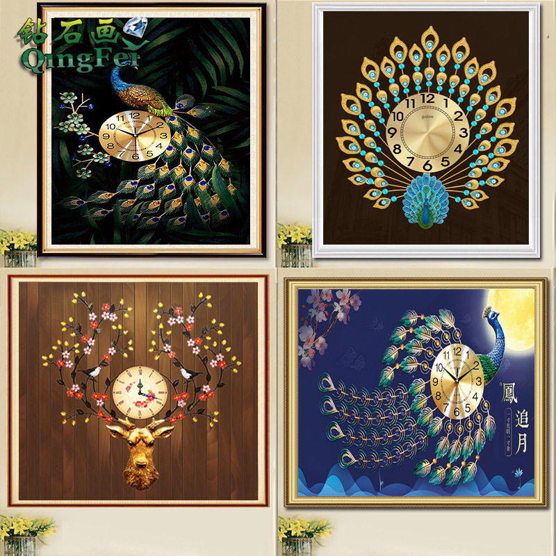 青飞百鸟之后孔雀之恋钻石画麋鹿孔雀挂钟蓝凤追月客厅装饰画欧式