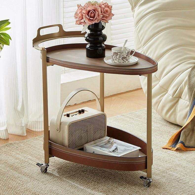 客厅沙发边几轻奢高级感可移动2025新款意式马鞍皮创意茶几小推车