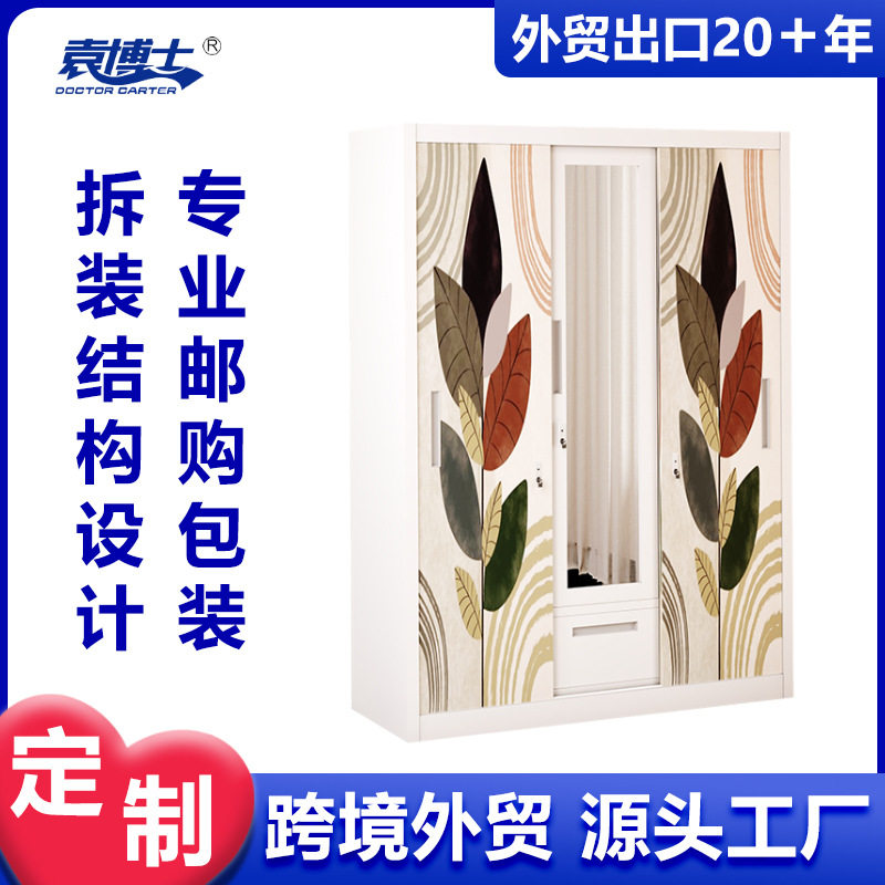 外贸批发印花柜可定制图案推拉移门衣柜家用收纳储物柜钢制更衣柜