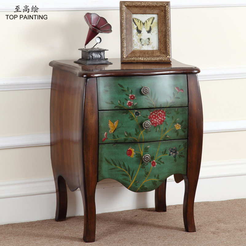 至高绘美式乡村床头柜三斗柜复古做旧彩绘家具地中海田园工厂批发