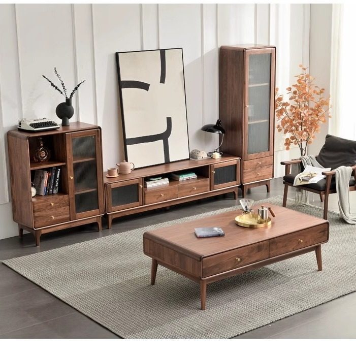 北美黑胡桃木电视柜茶几组合北欧全实木客厅边柜樱桃木高矮柜组合